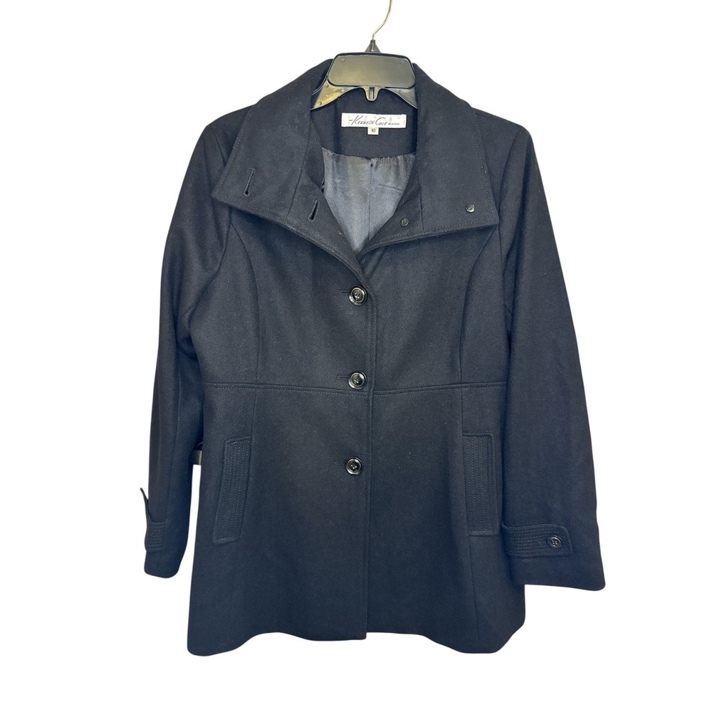 Kenneth Cole New York Wool Blend Coat Women's 10 Black Stand‎ Collar NO Hood